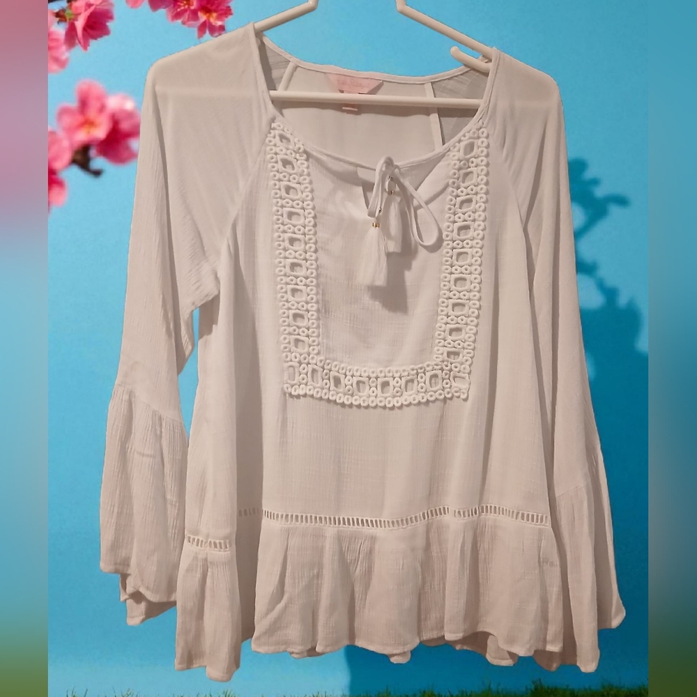 Lily Pulitzer Peasant Tunis Tie Blouse Womans White XXS